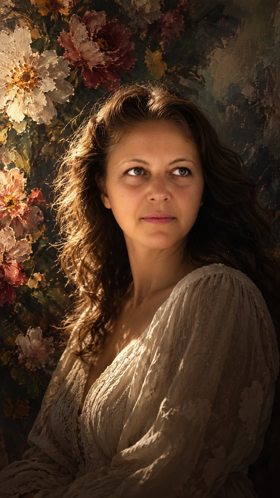 花柄の質感豊かな背景に佇む中年女性