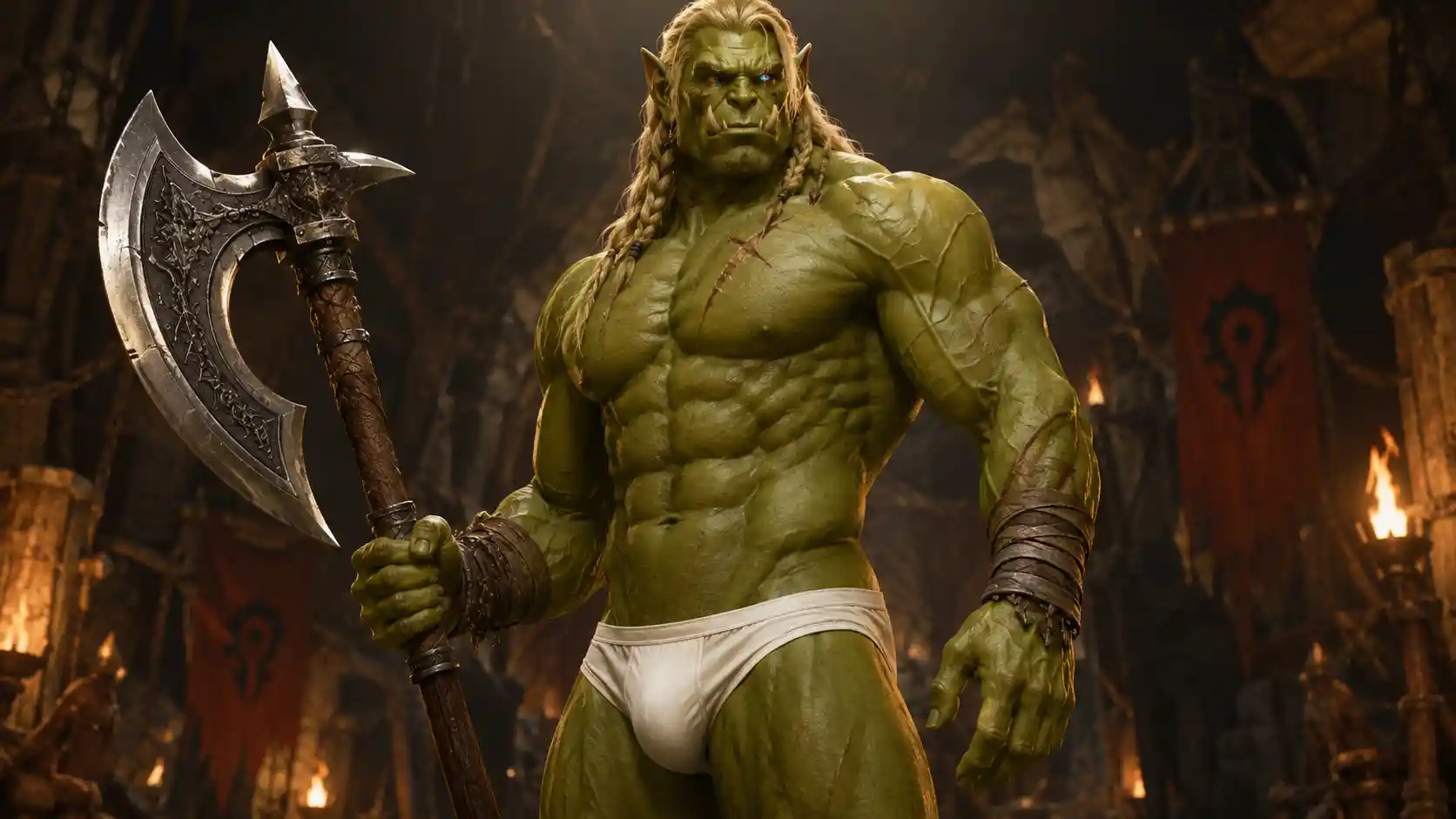 A tall green orc with blonde hair and a double-edged axe