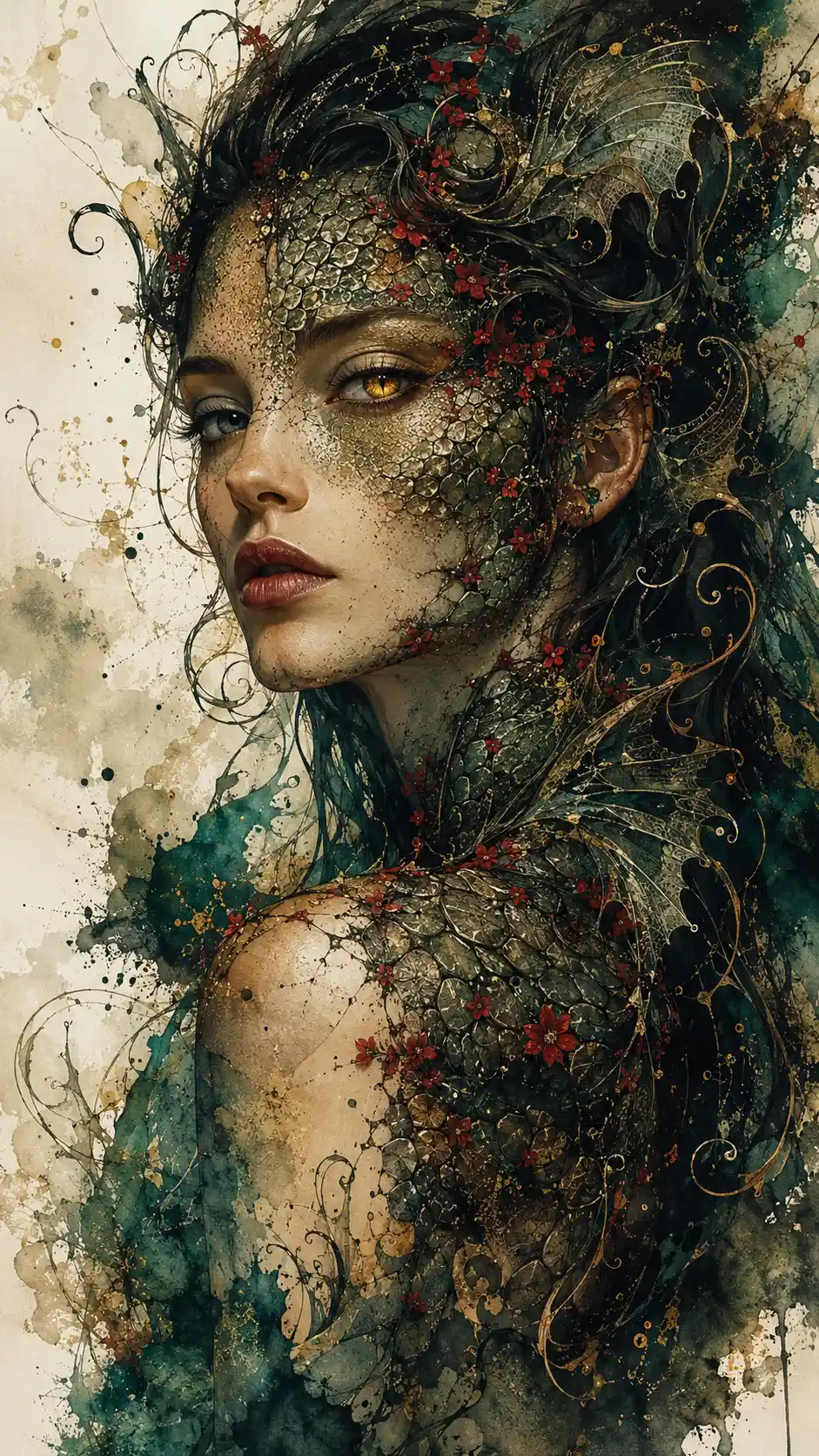 Eine Fantasy-Frau mit reptilienartigen Schuppen und karmesinroten Blumen