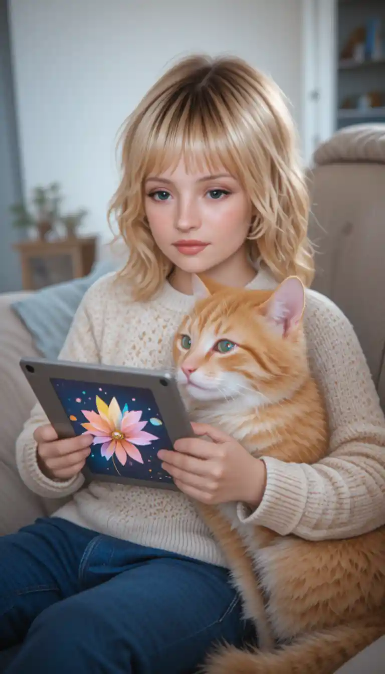 Un jeune enfant et un chaton roux partagent un moment paisible devant un écran