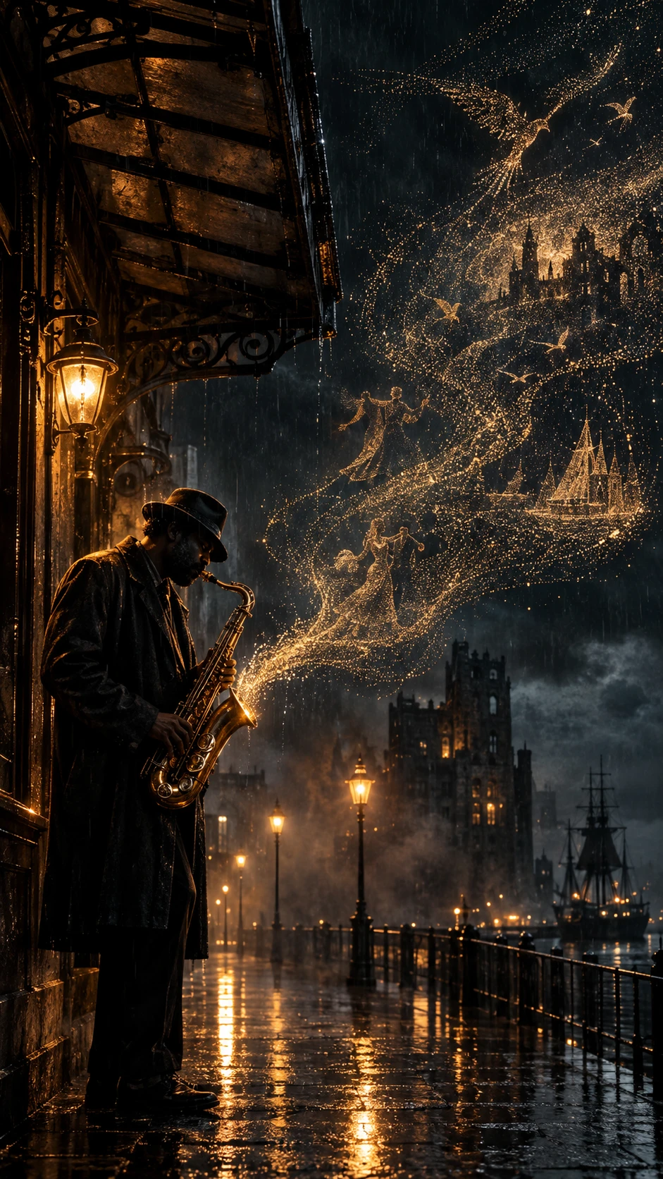 A jazz musician plays saxophone beneath an awning as luminous stipples fill a rainy street
