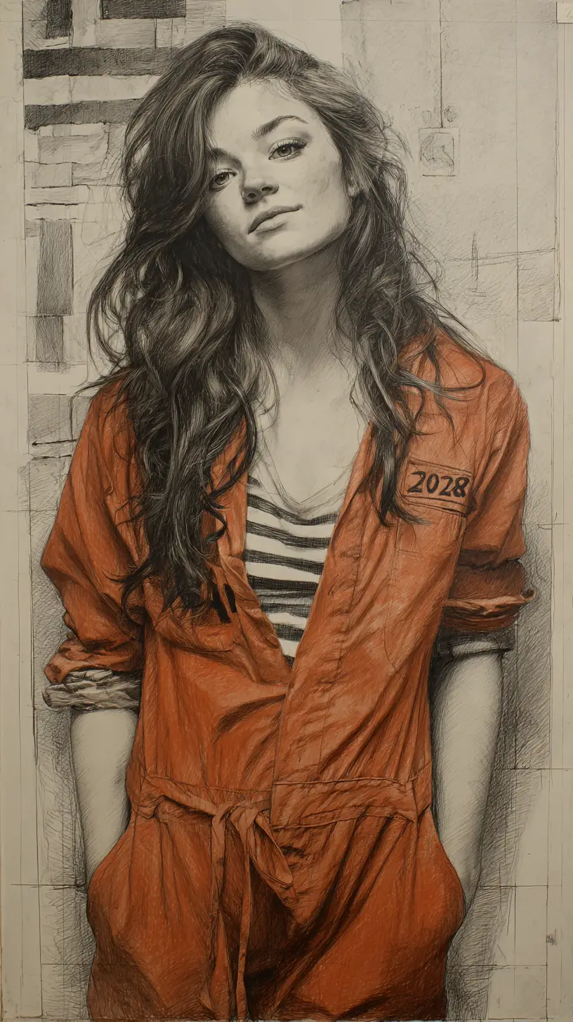 A confident young woman poses inside a somber prison cell