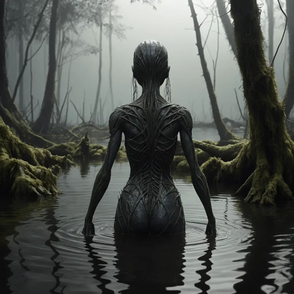 沼澤生物從黑暗的水中回望