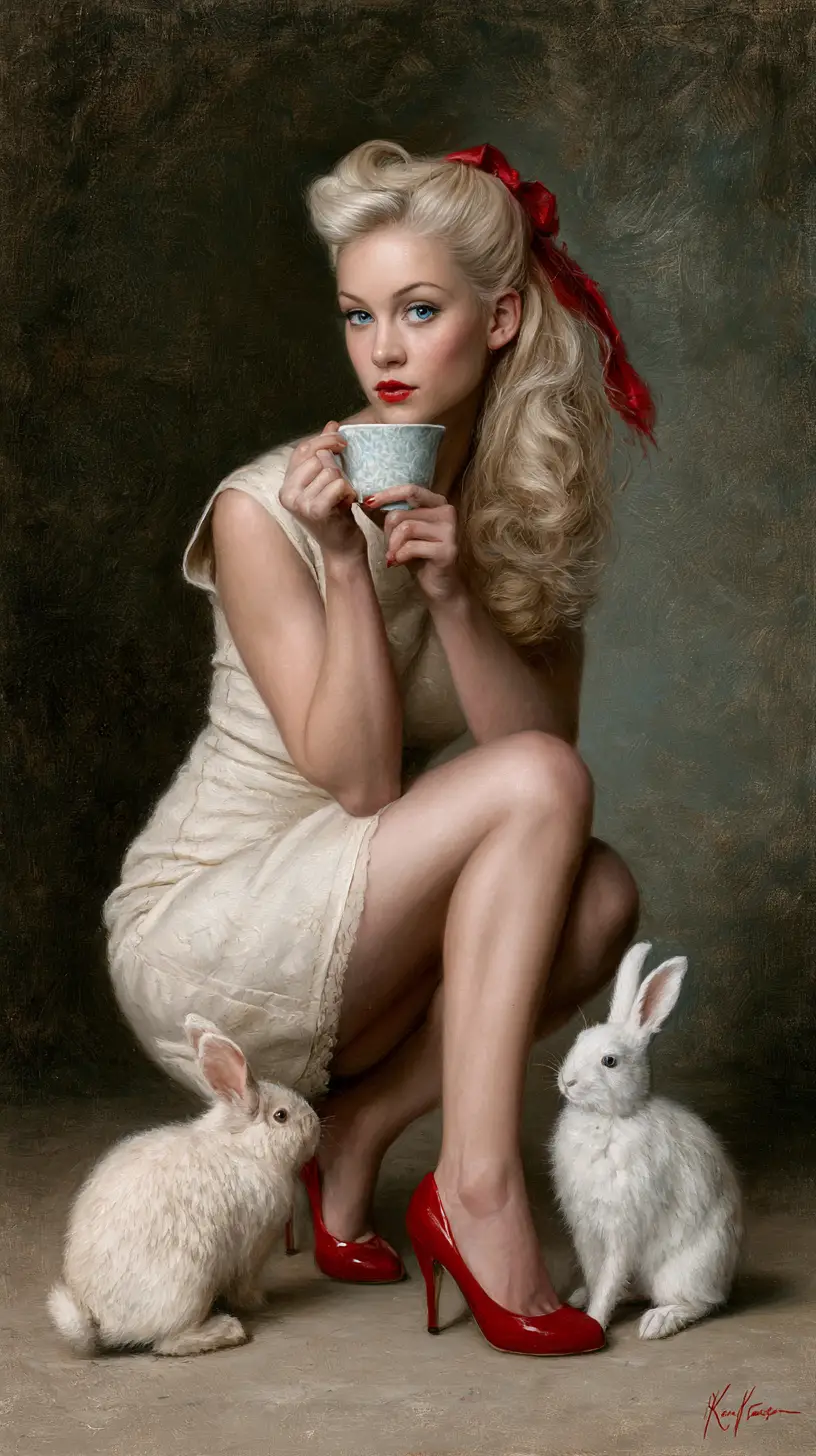 A retro Alice holds her teacup in a glamorous oil painting