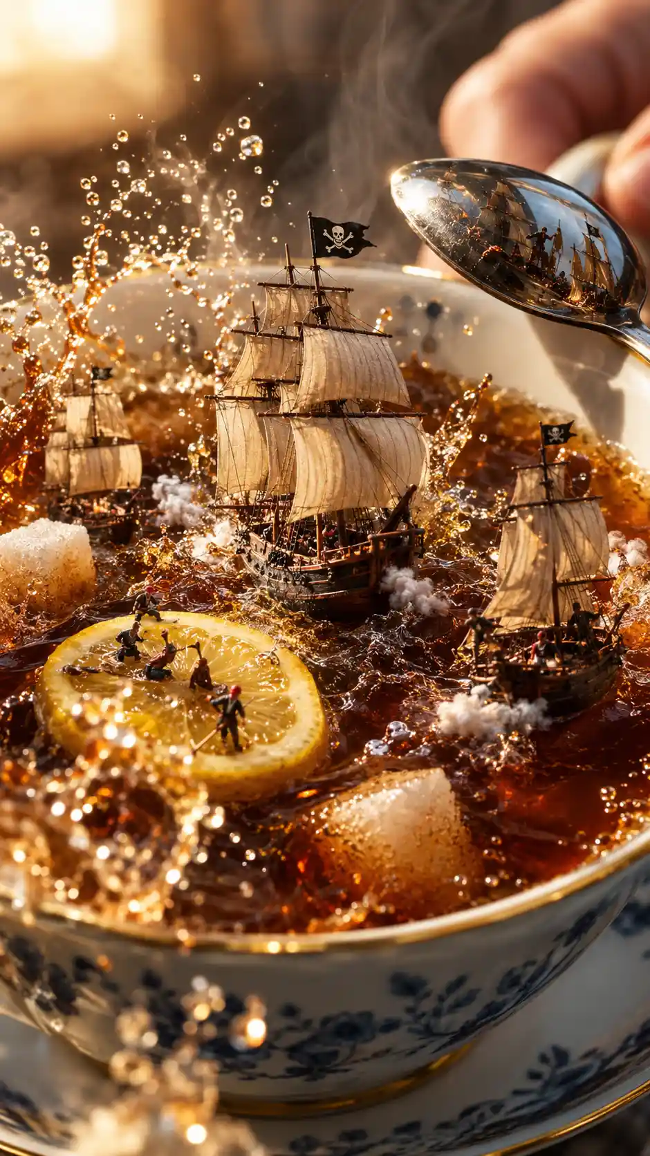 Miniature pirate galleons ride stormy waves inside an antique teacup