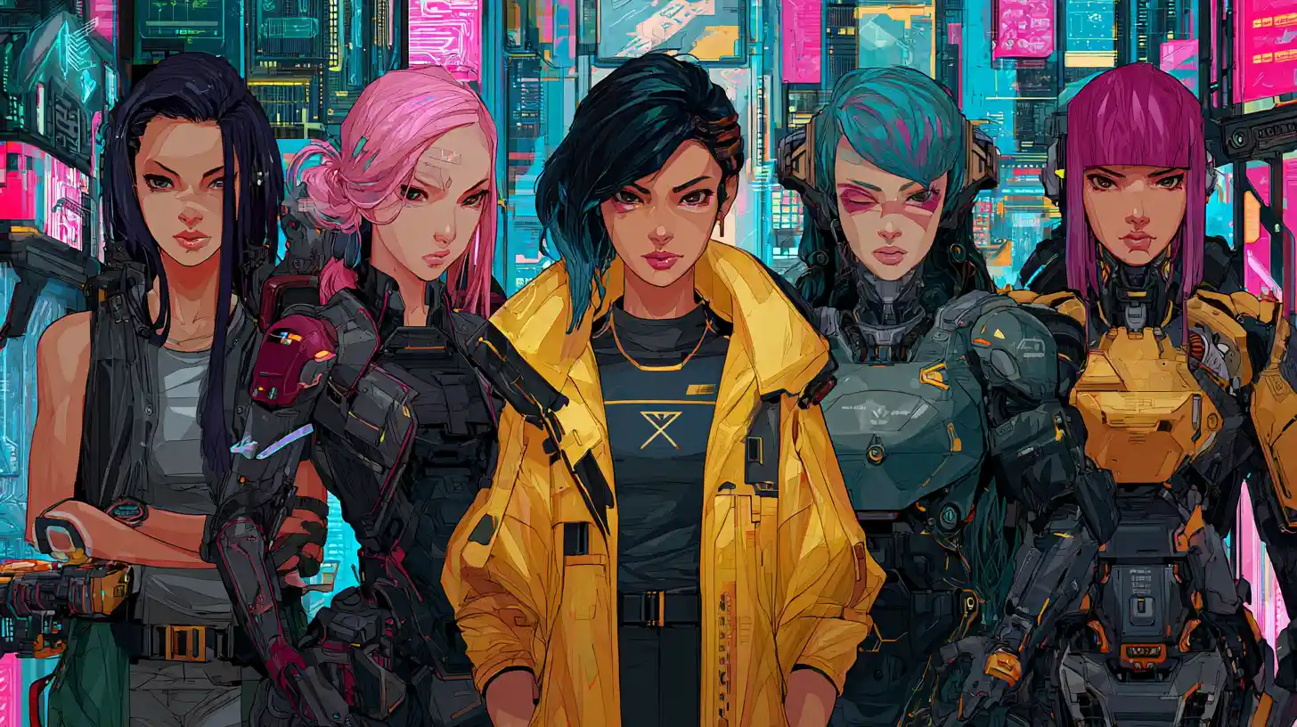 Asian hackers with cybernetic implants sit inside a sleek high-rise lair
