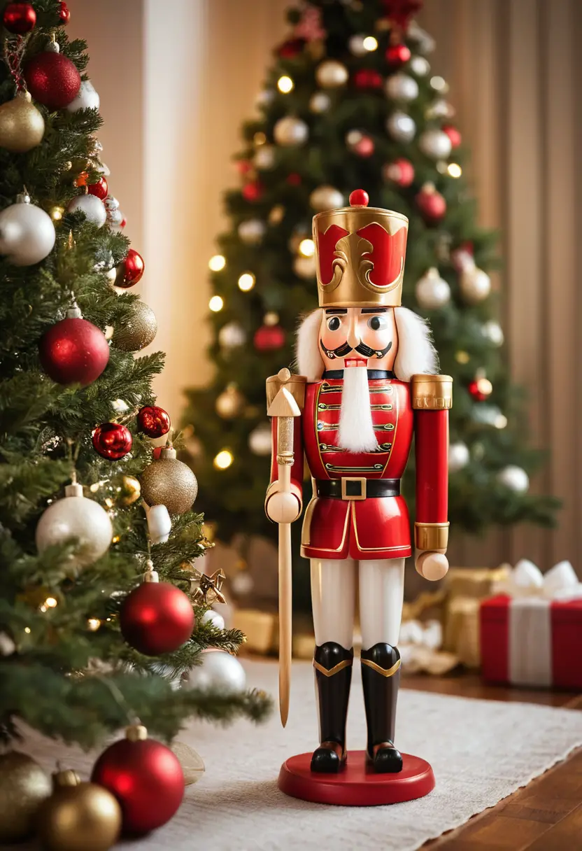 A wooden nutcracker stands beside a glowing Christmas tree