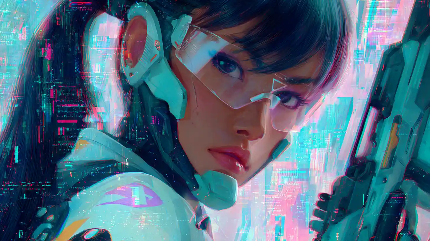 Netrunner asiática con atuendo cyberpunk frente a una megaciudad de neón