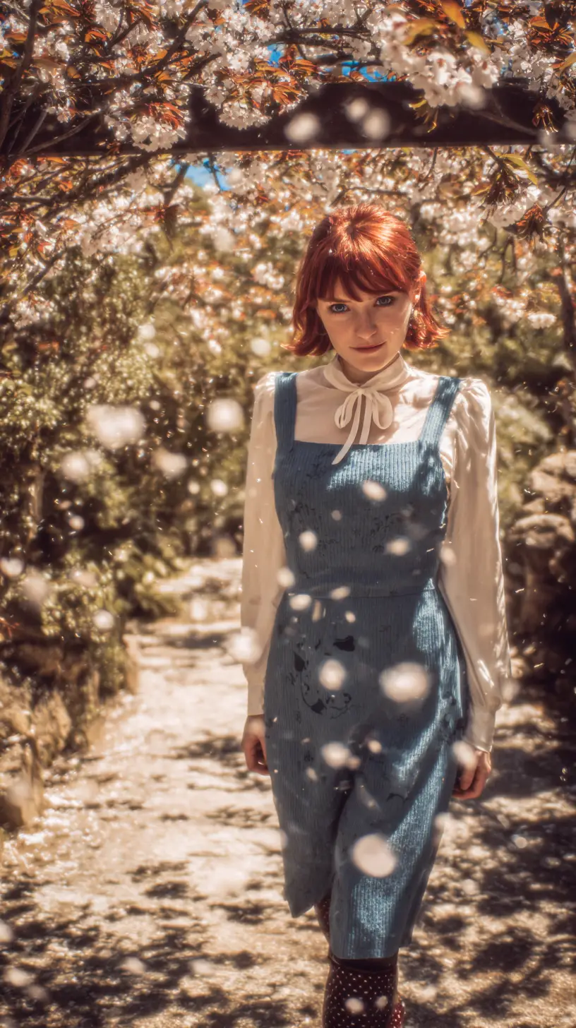 Young woman with red bob hair beneath blooming cherry trees at a shrine