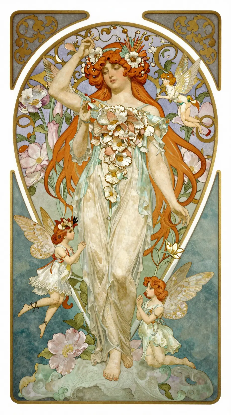 Hadas y flores en una pintura art nouveau