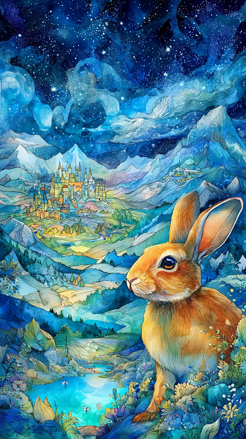 Un conejo alegre bajo un cielo estrellado en un paisaje fantástico y resplandeciente