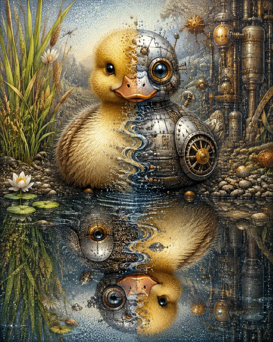 A Duck and a Tiny Robot Duck Meet Beside a Magical Pond