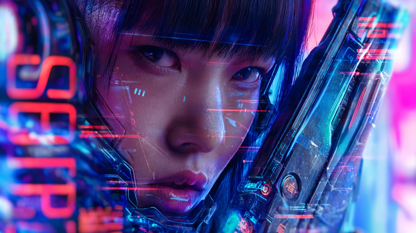 Retrato en primer plano de una hacker asiática con equipo de combate cyberpunk