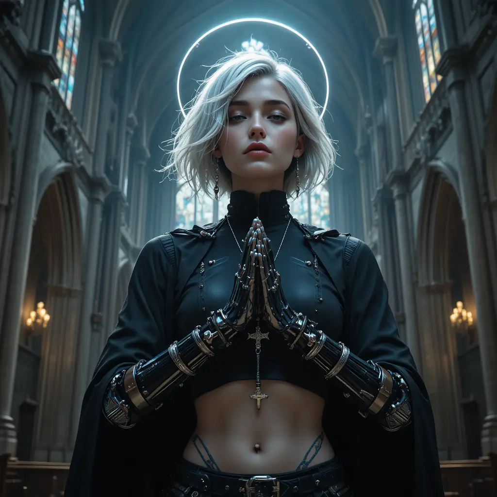 Uma mulher cibernética reza sob vitrais em uma catedral gótica