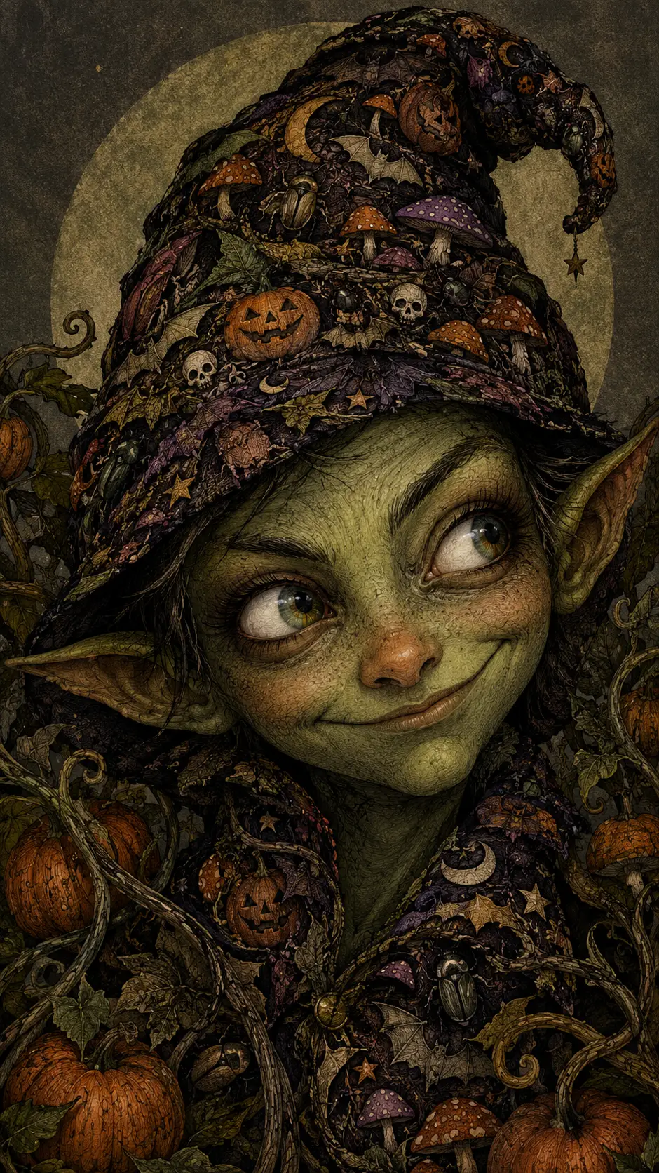 Retrato de un duende travieso enmarcado por enredaderas y pequeñas calabazas
