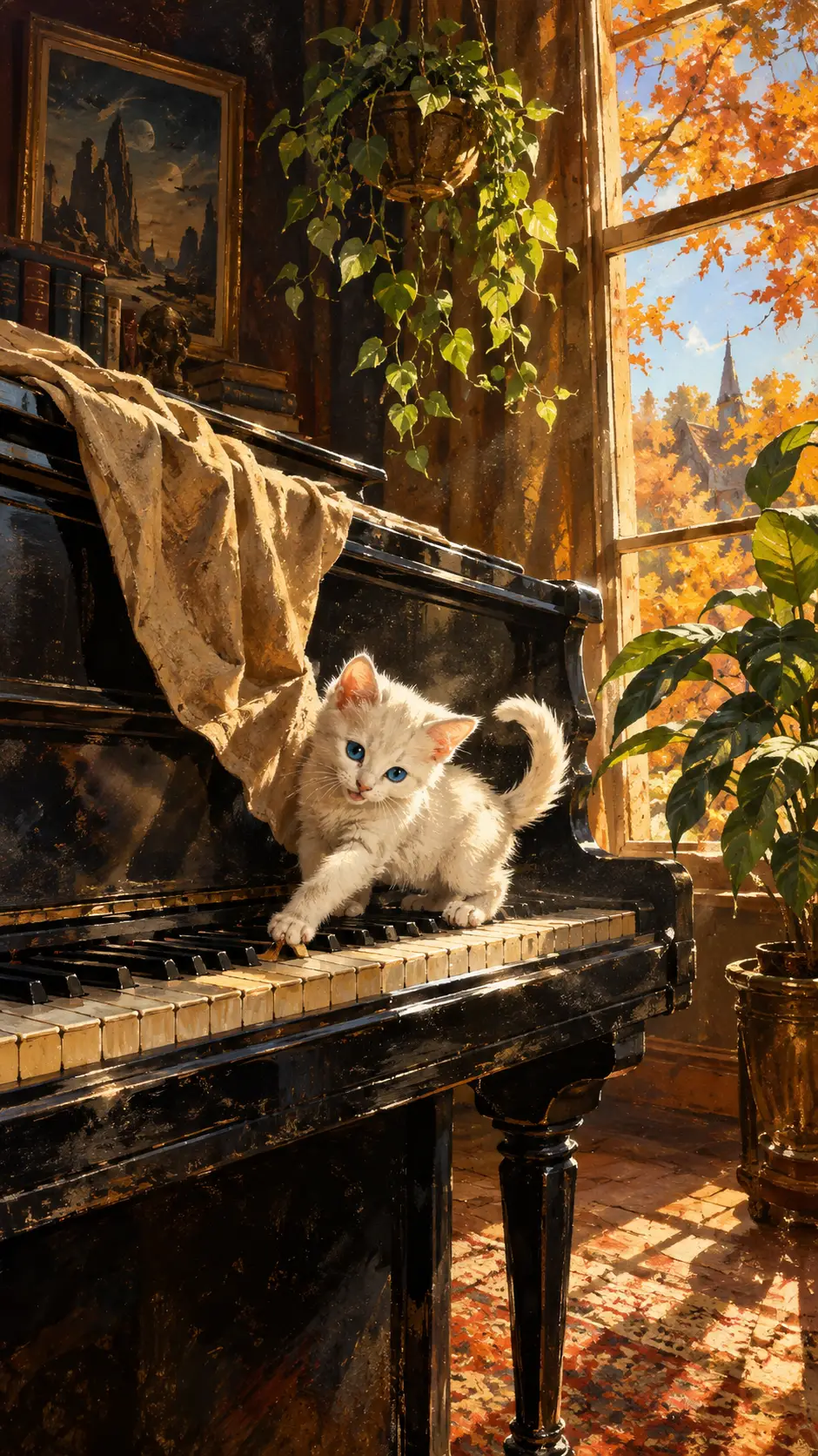 Un giocoso gattino bianco seduto sui tasti di un pianoforte nero