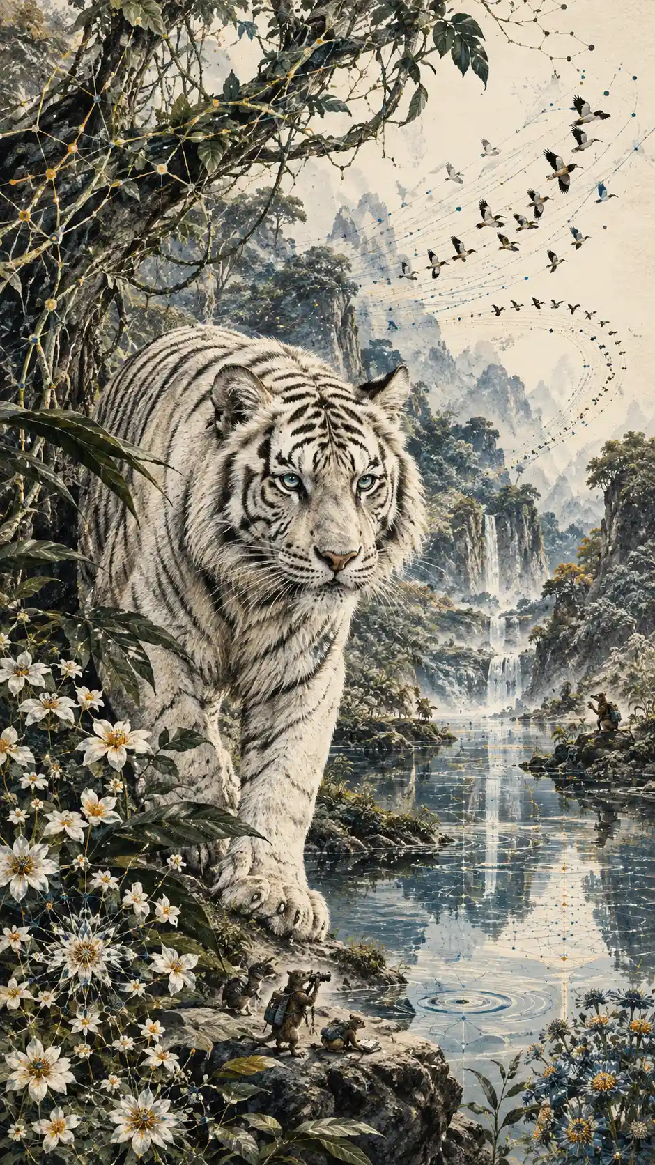 Una tigre bianca si muove in un vasto ecosistema tropicale