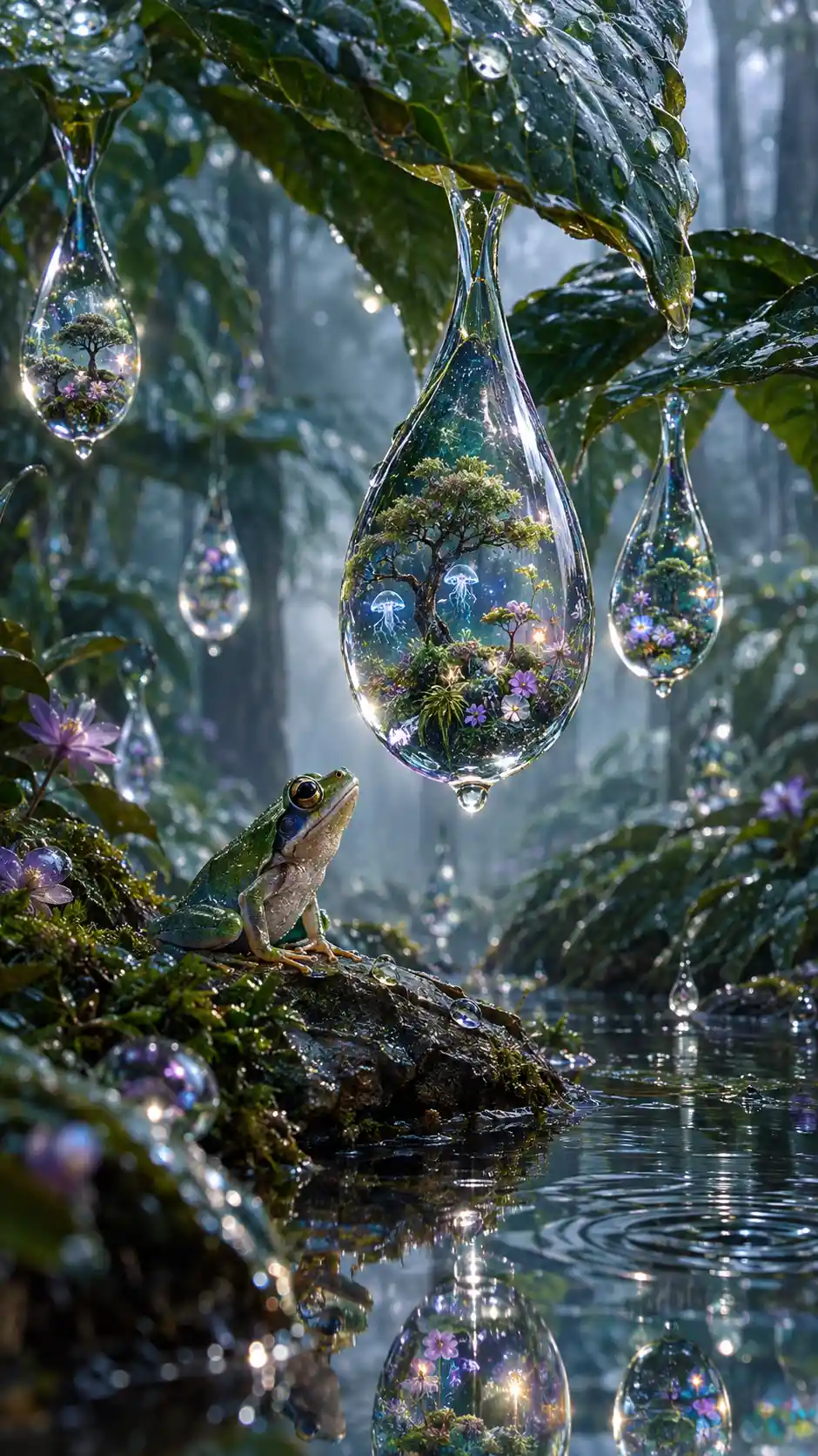 A rain-soaked forest where every droplet holds a tiny ecosystem