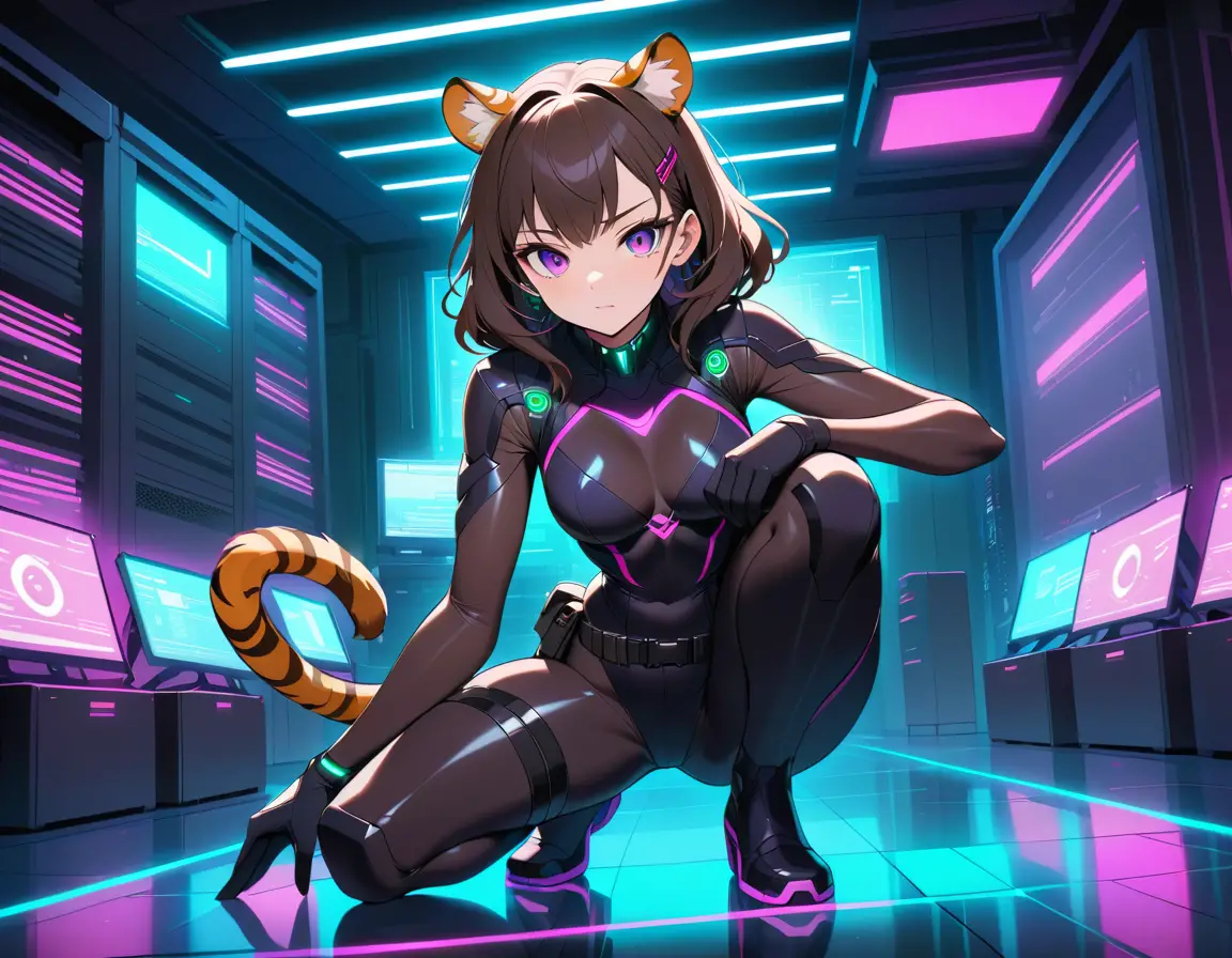 Femme-tigre d’anime accroupie parmi des serveurs dans une salle d’espionnage éclairée au néon