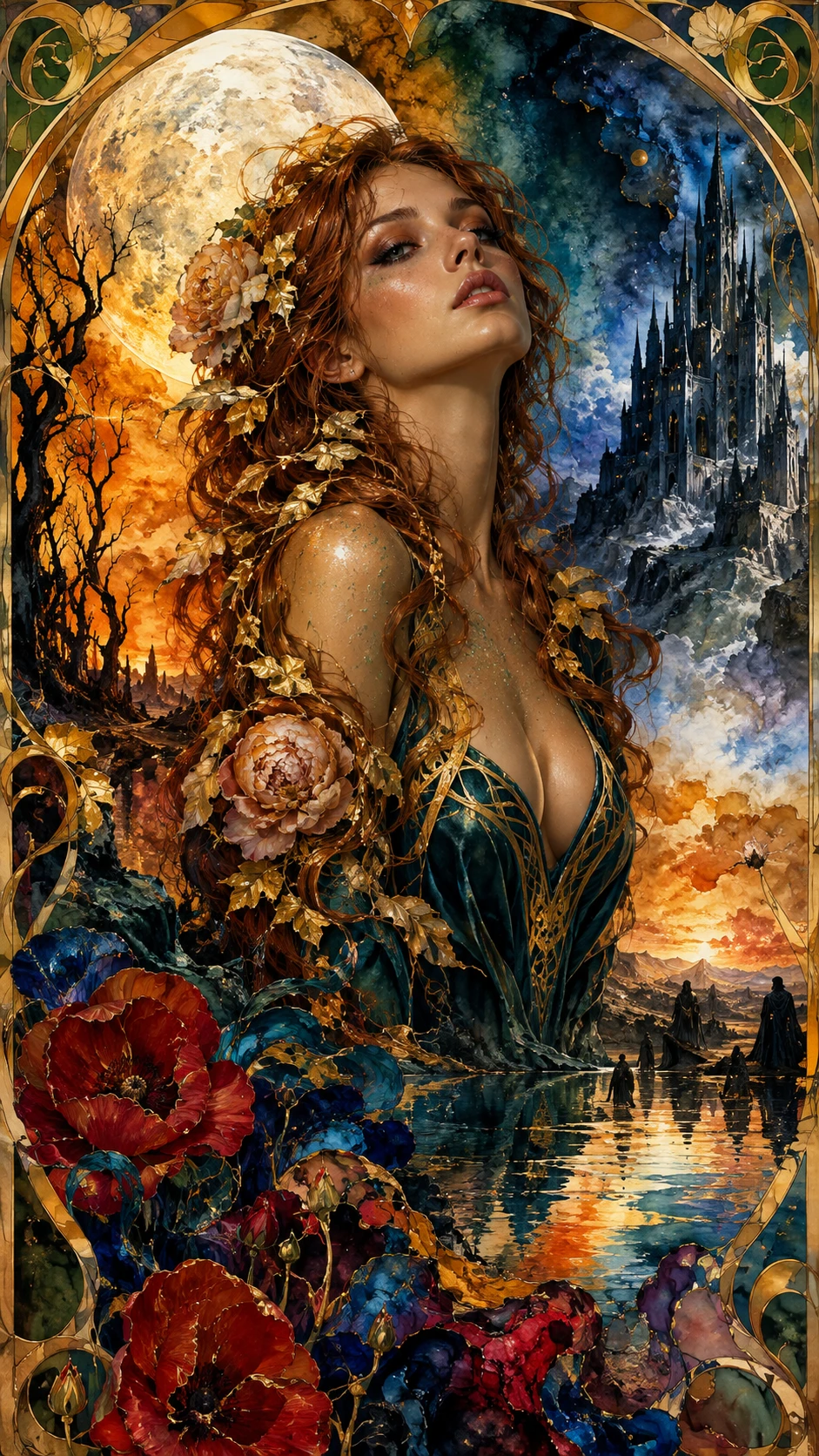 An ethereal woman with auburn hair and a melancholy upward gaze