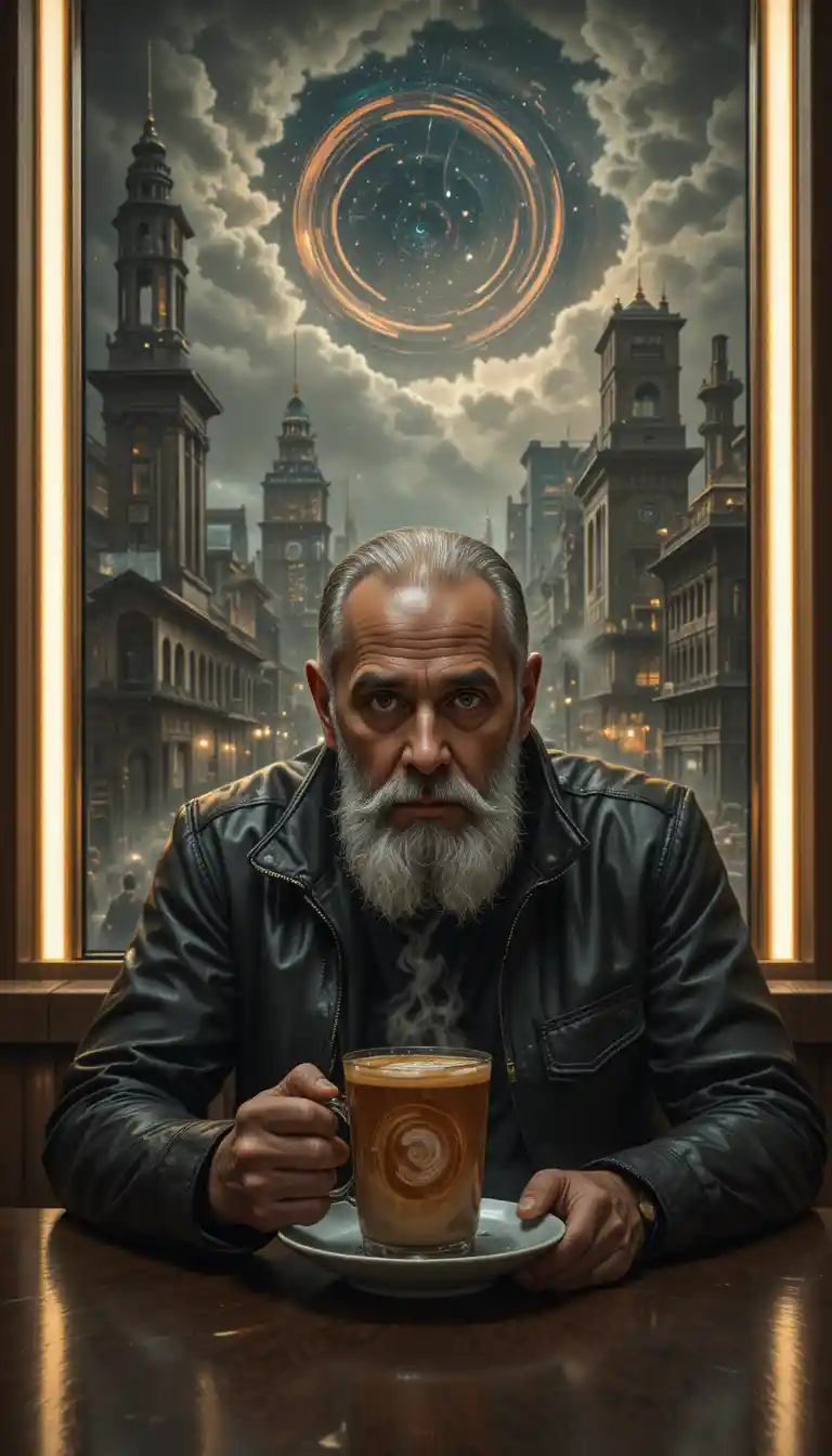 A weathered man contemplates a swirling cup of coffee in a dim bar