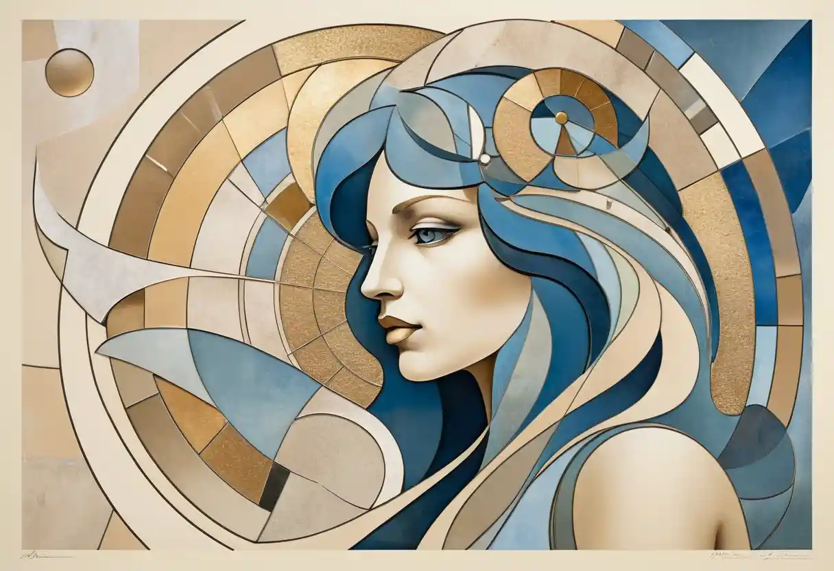 A cubist Leo zodiac symbol in glass, plastic, and metal textures