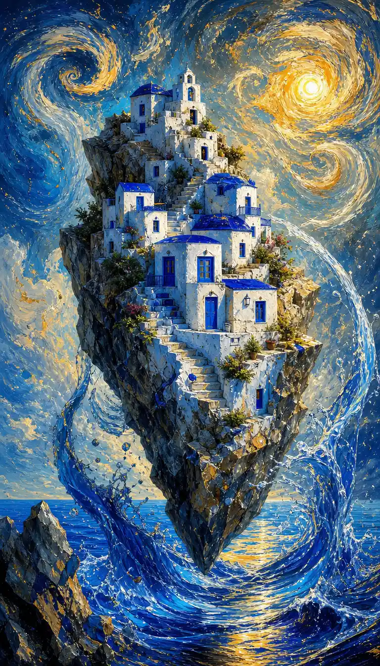 A White Stone Hamlet Spirals Upward Above a Sapphire Sea