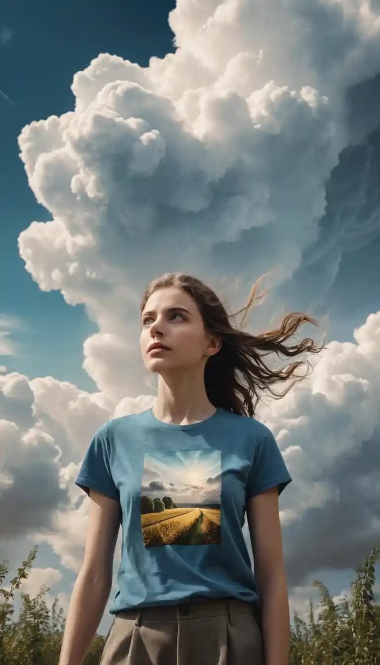 A surreal woman stands in clouds as a man climbs a wooden ladder