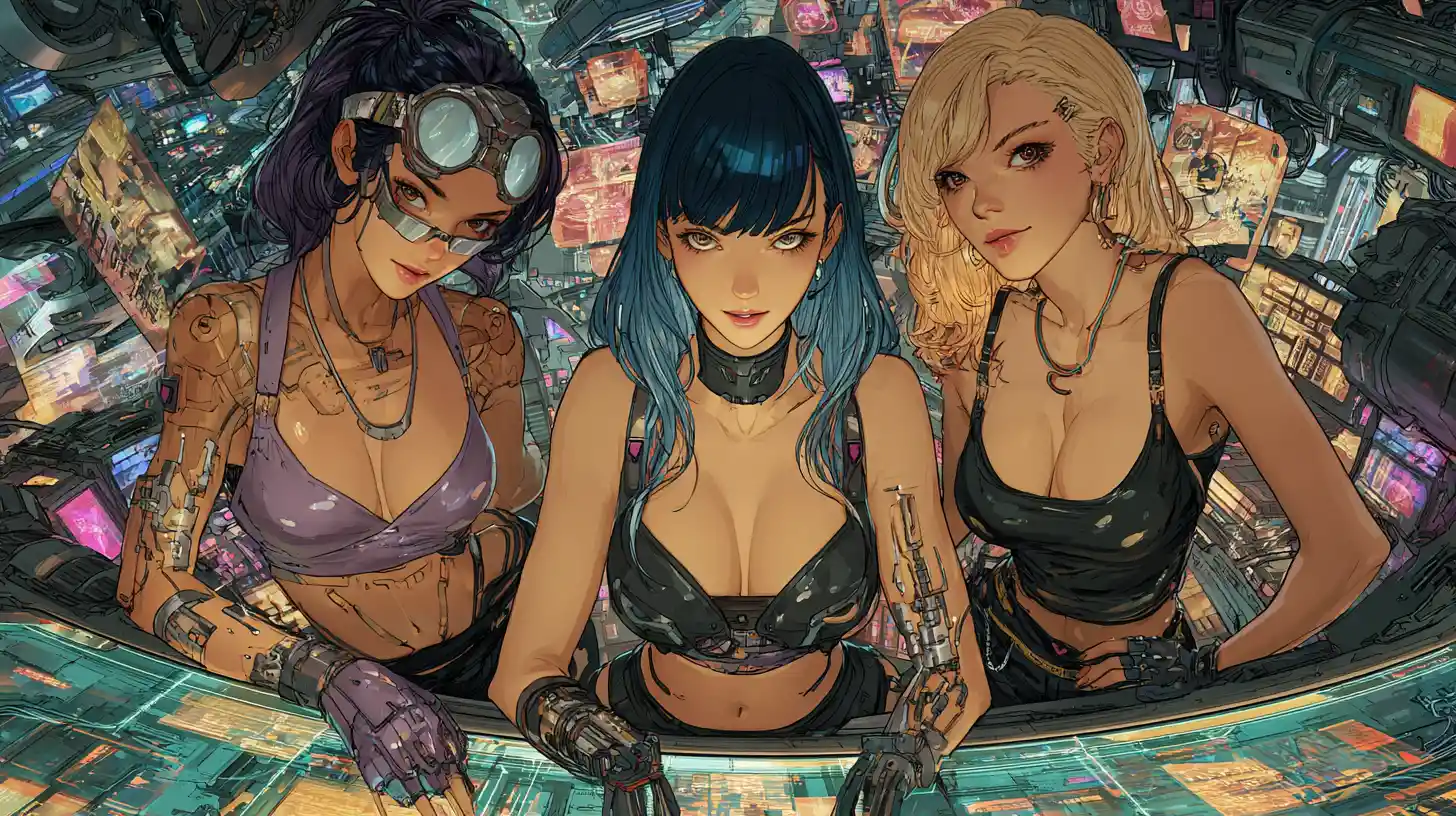 Three Asian women hackers pose inside a sleek space base