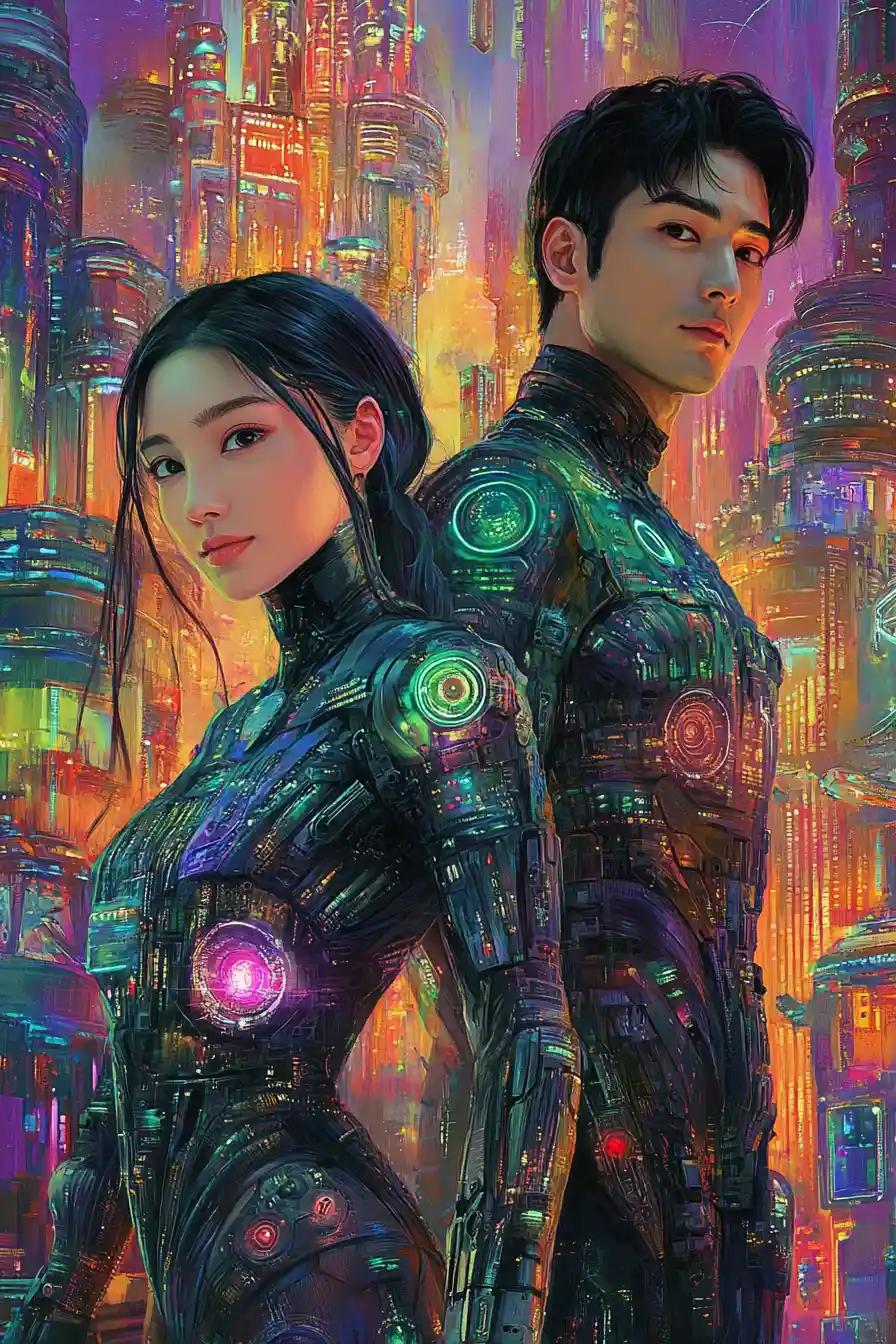 Dúo de Asia Oriental con armaduras mecha inspiradas en la acuarela en un mundo alienígena
