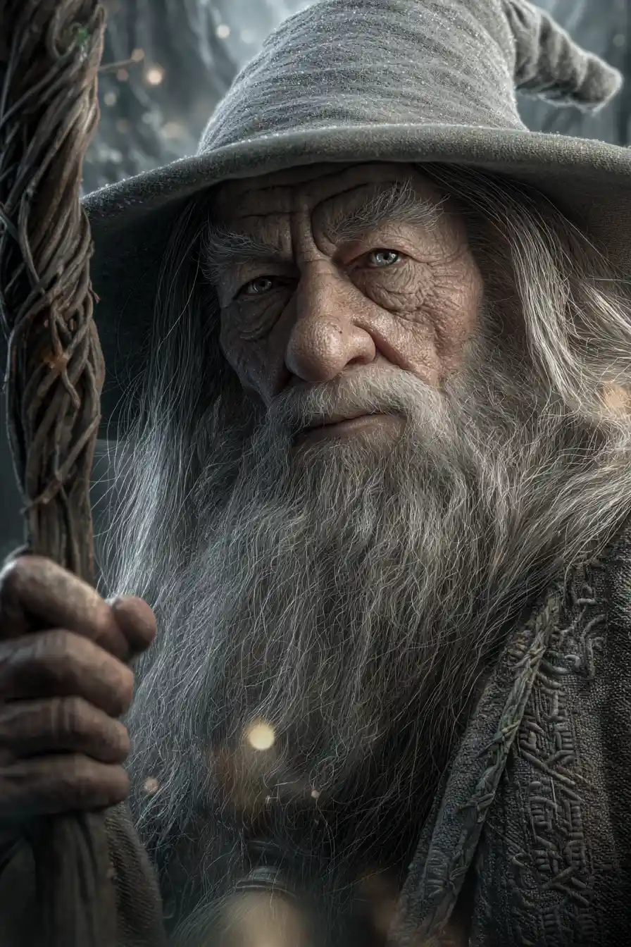 Gandalf the Grey Holds a Carved Staff Amid Gentle Magical Light