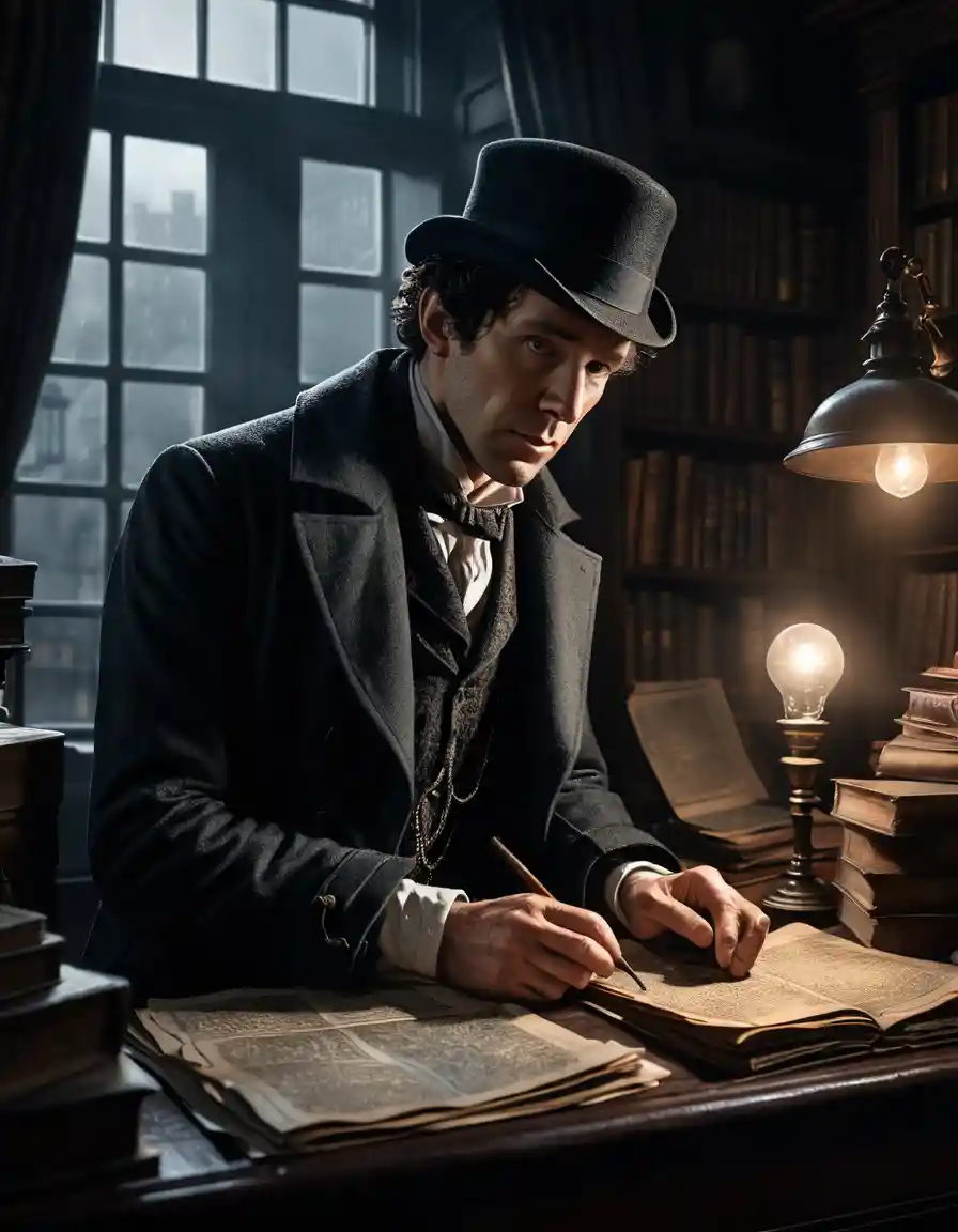 Sherlock Holmes examina pistas sobre el escritorio en un estudio sombrío del Londres victoriano