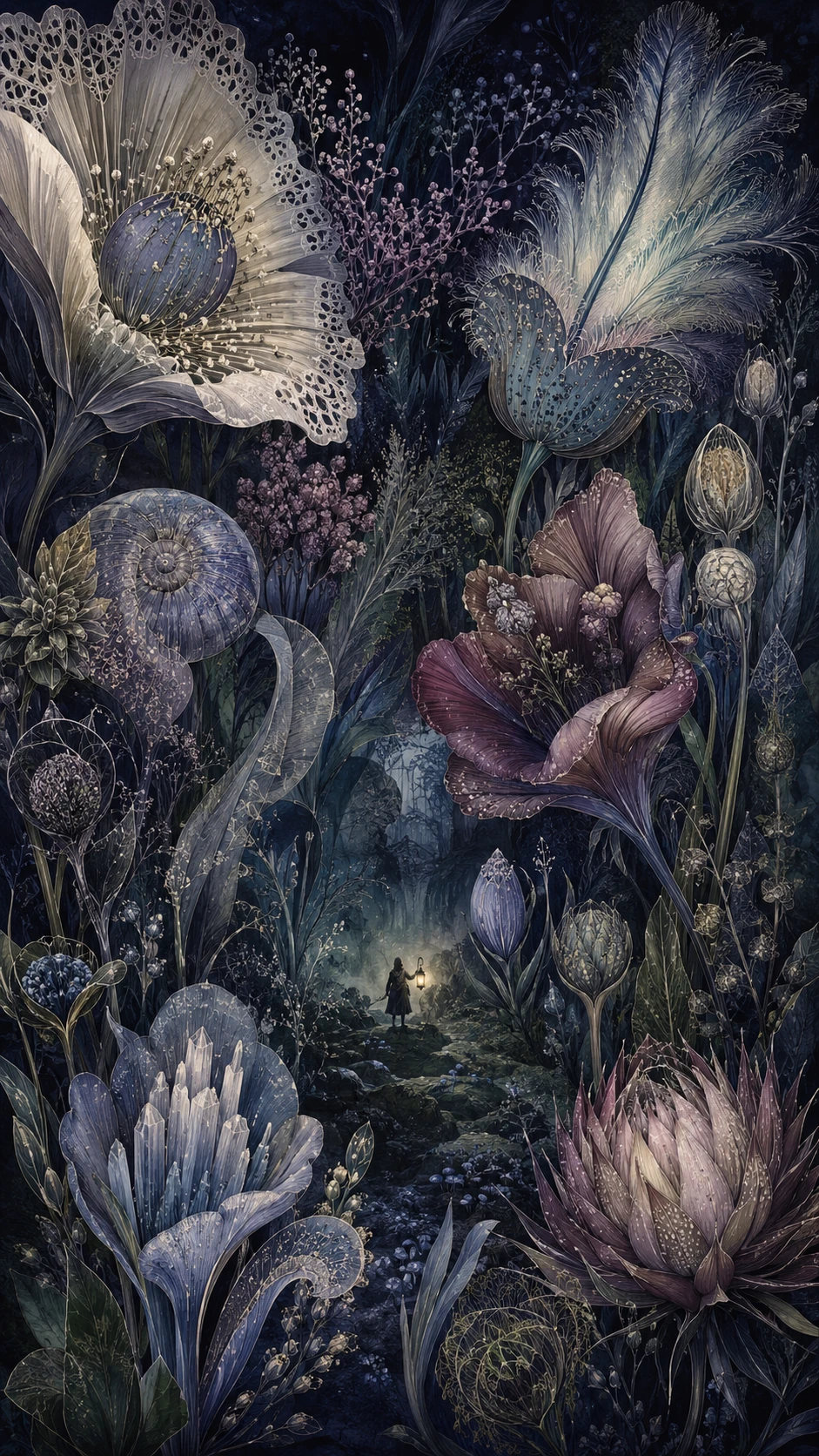 博物学者が異世界の花々が咲く夜の庭を探検