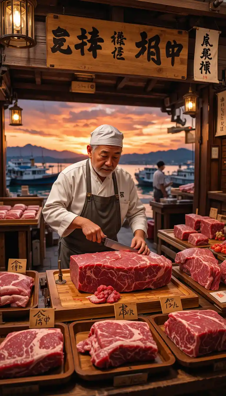 趣のある店で霜降り和牛を切り分ける日本の精肉職人