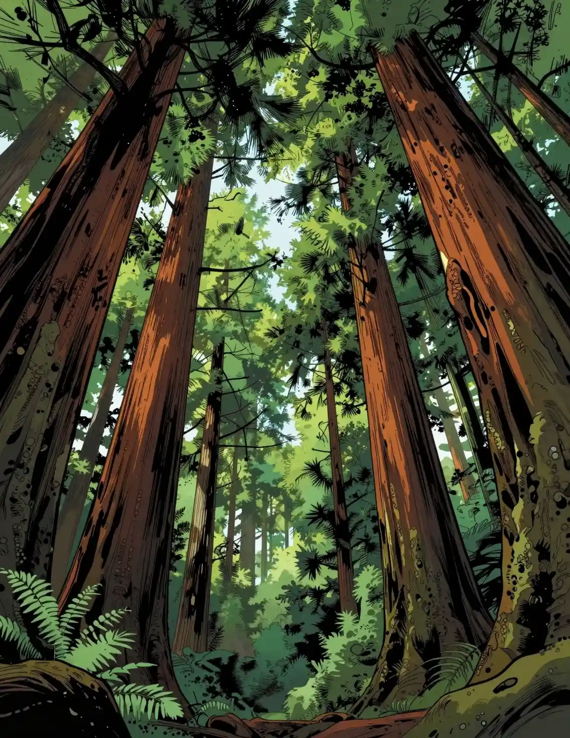 Looking up through redwood trees from the forest floor