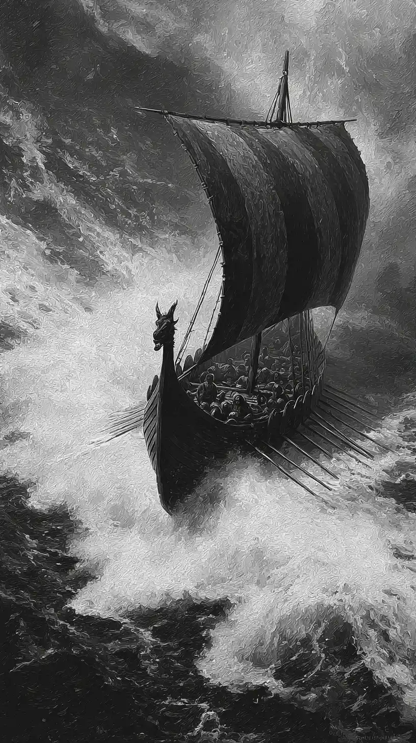 A Viking longship battles towering waves beneath a stormy sky
