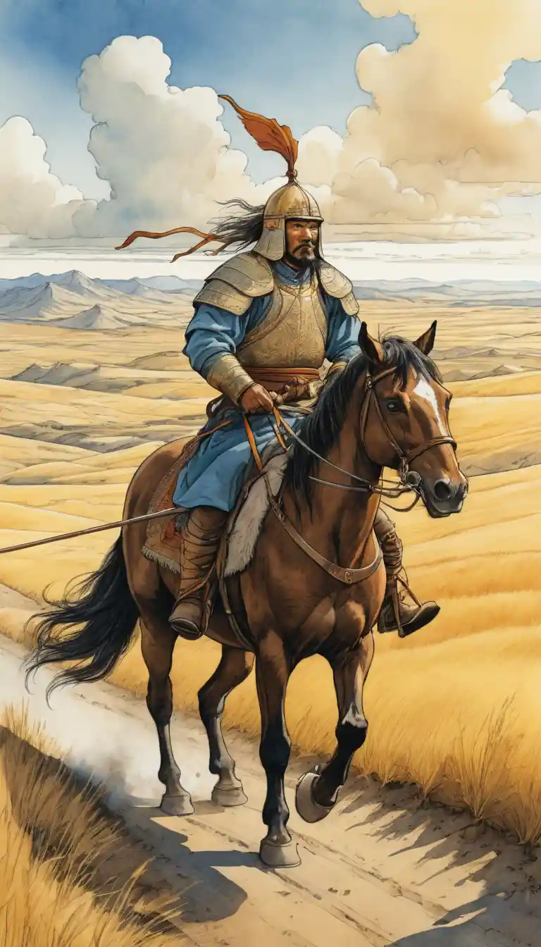A Mongol warrior gallops on horseback across the Central Asian steppe