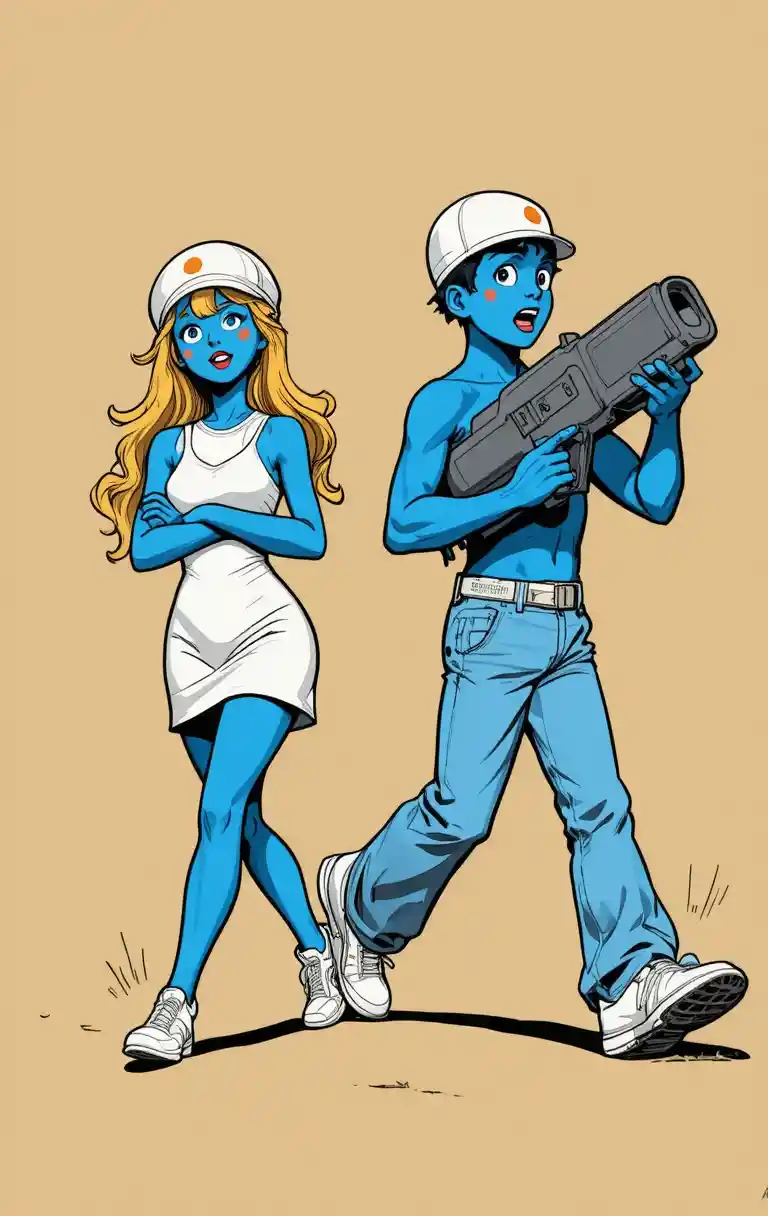 Blue elf companions hurry forward against a plain beige background