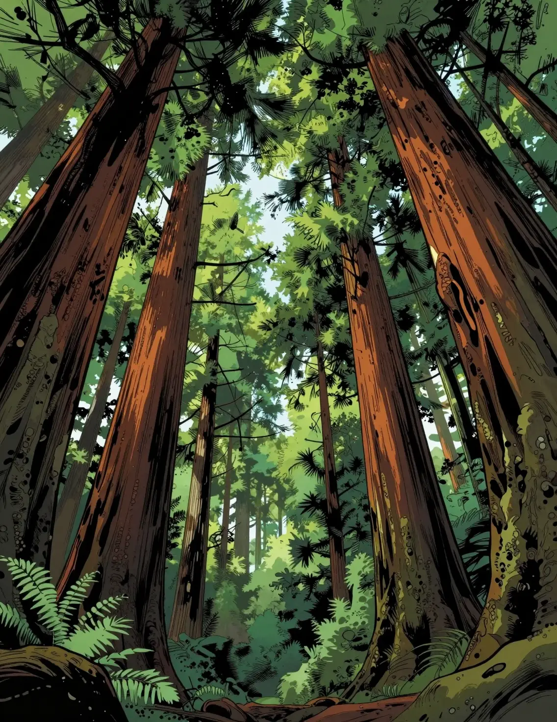 Looking up through redwood trees from the forest floor
