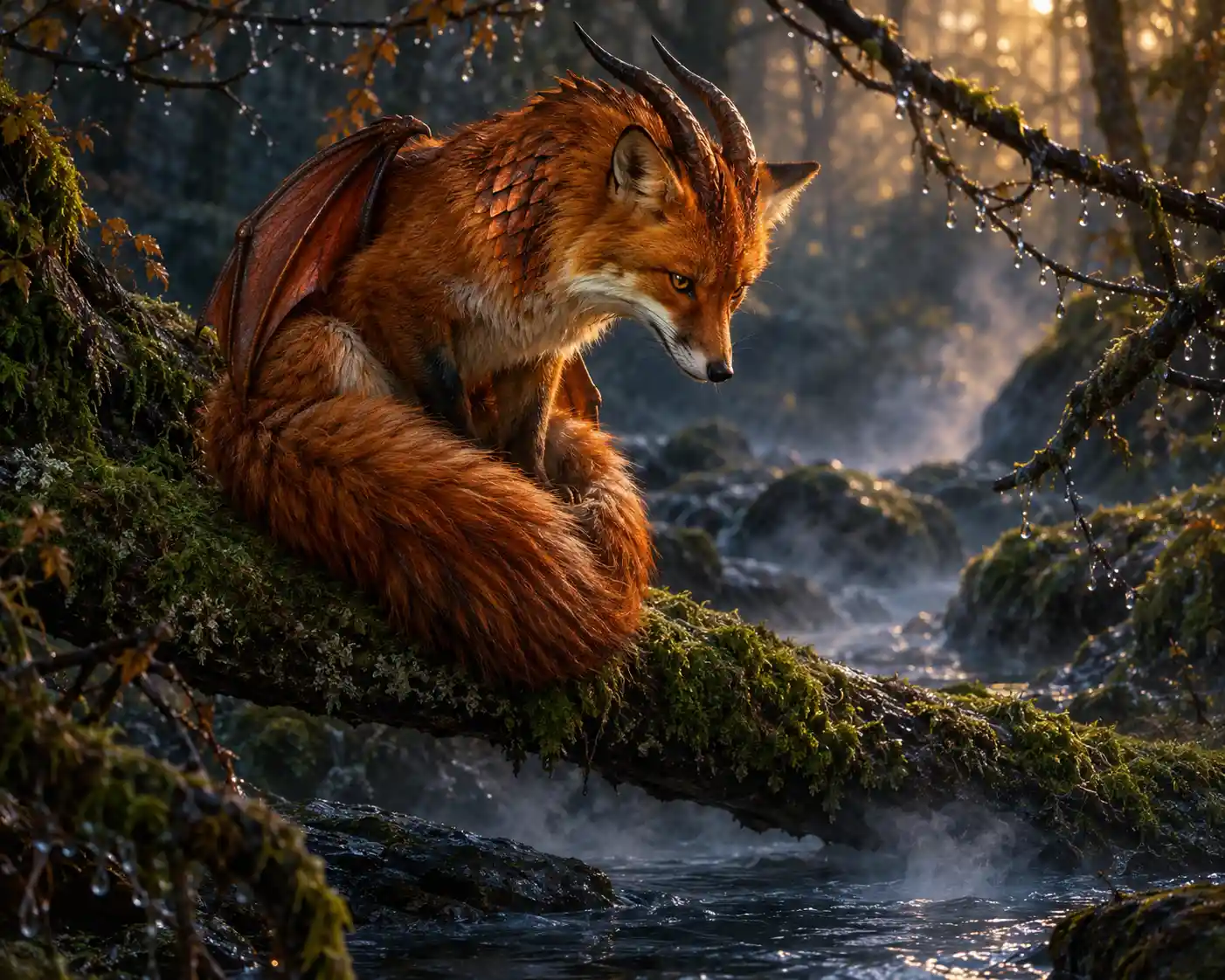 A fox dragon perches above a forest stream, avoiding the water