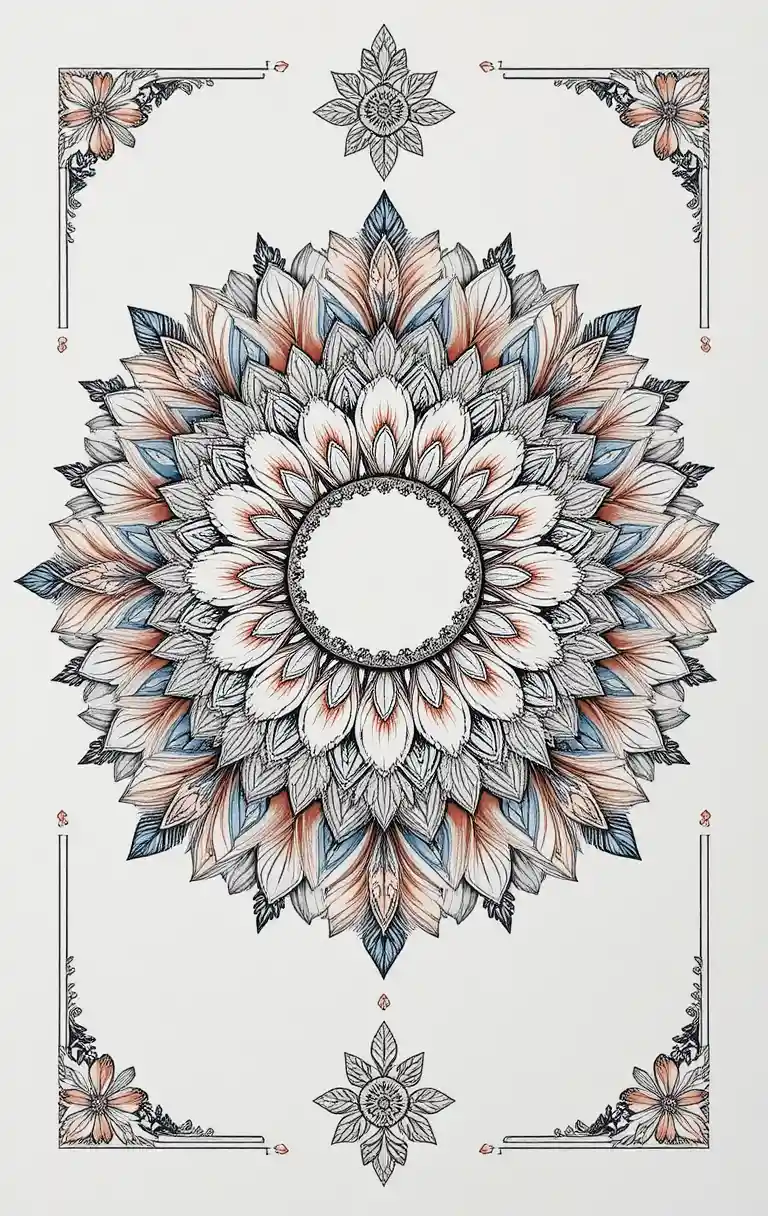 Un mandala floral simétrico llena el encuadre con pétalos superpuestos