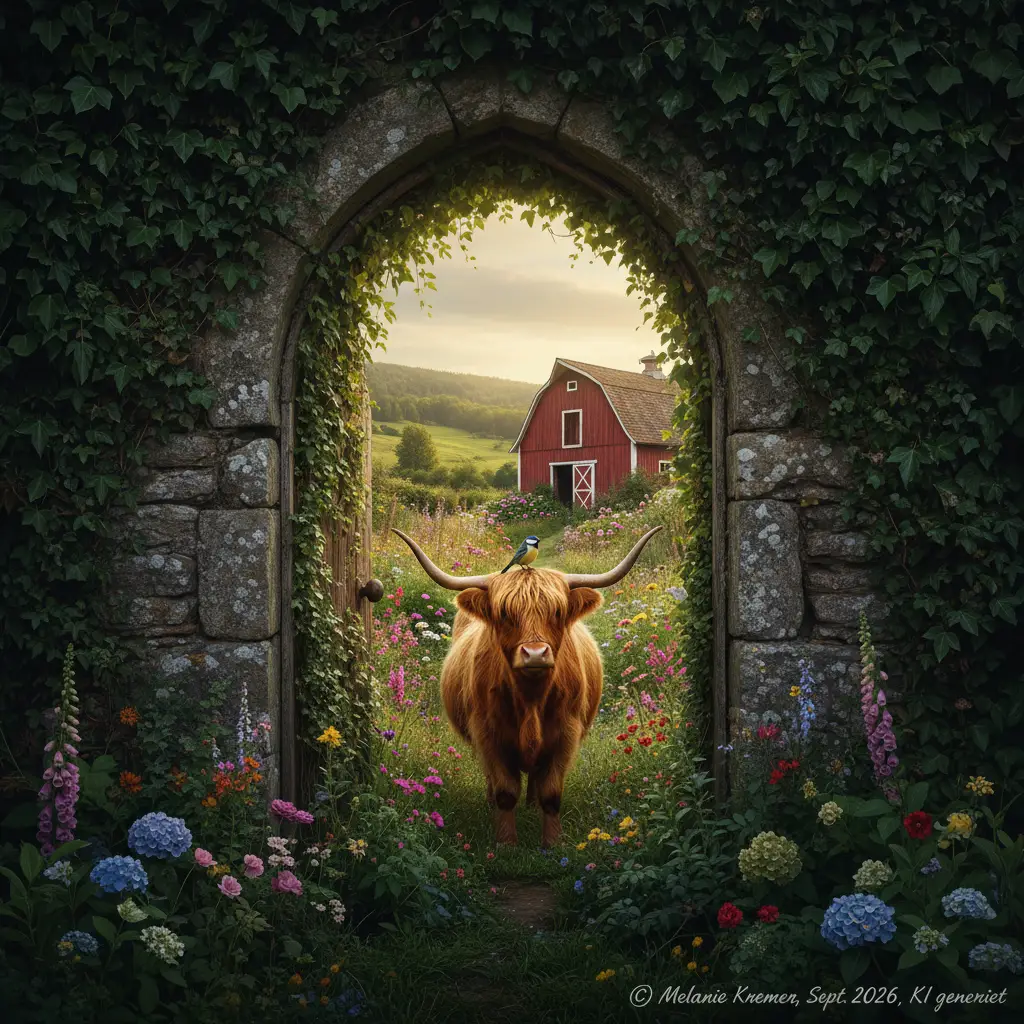 Una mucca delle Highlands in un giardino fiorito dietro una porta di pietra ricoperta d’edera