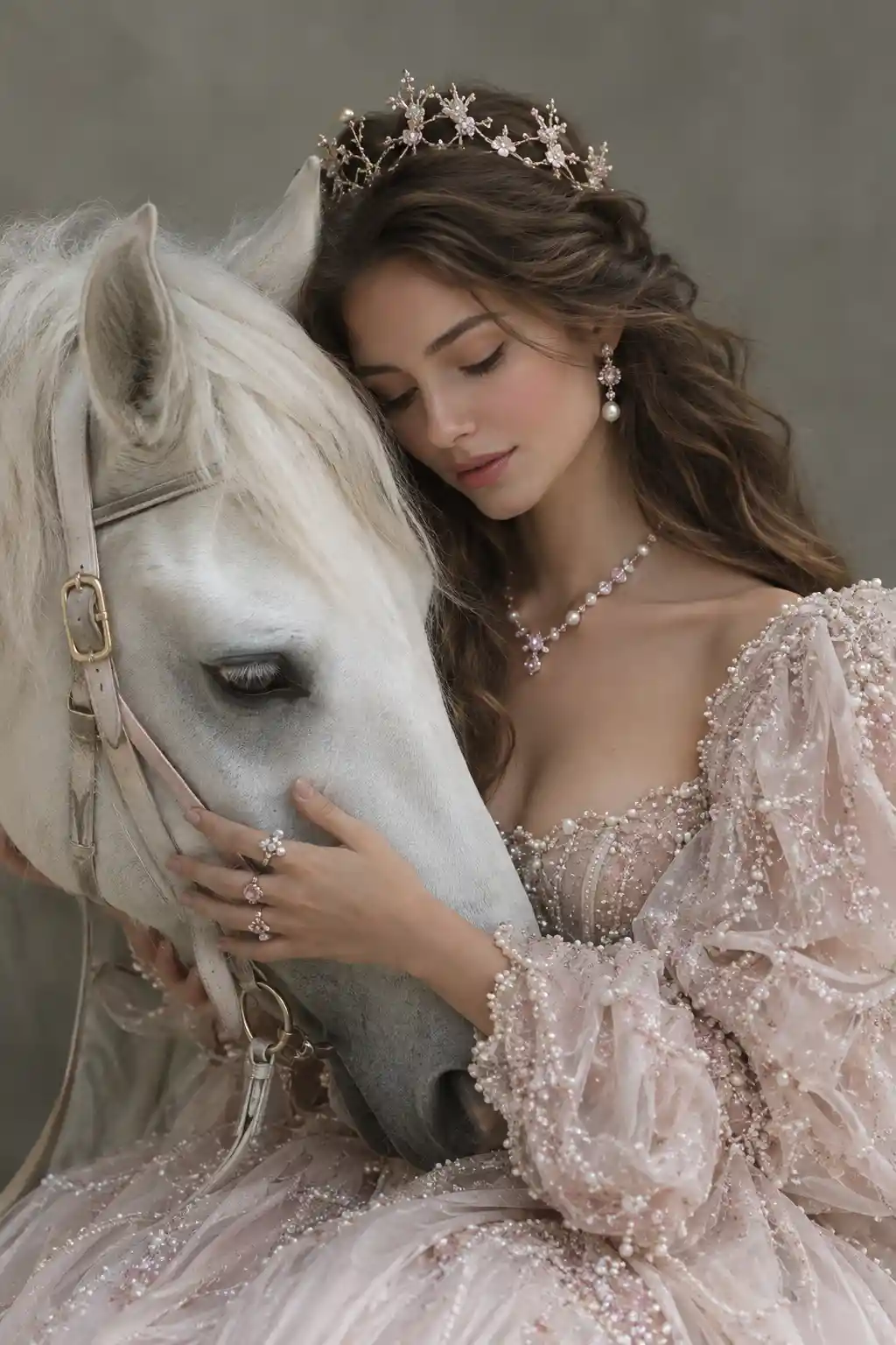 A crowned woman gently cradles the head of a white horse