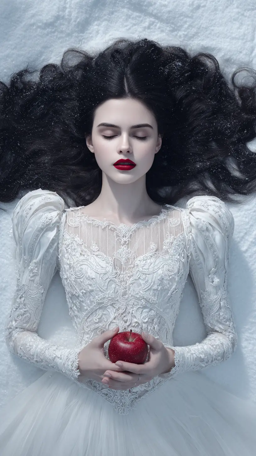 A woman lies still on pristine snow with a red apple held close