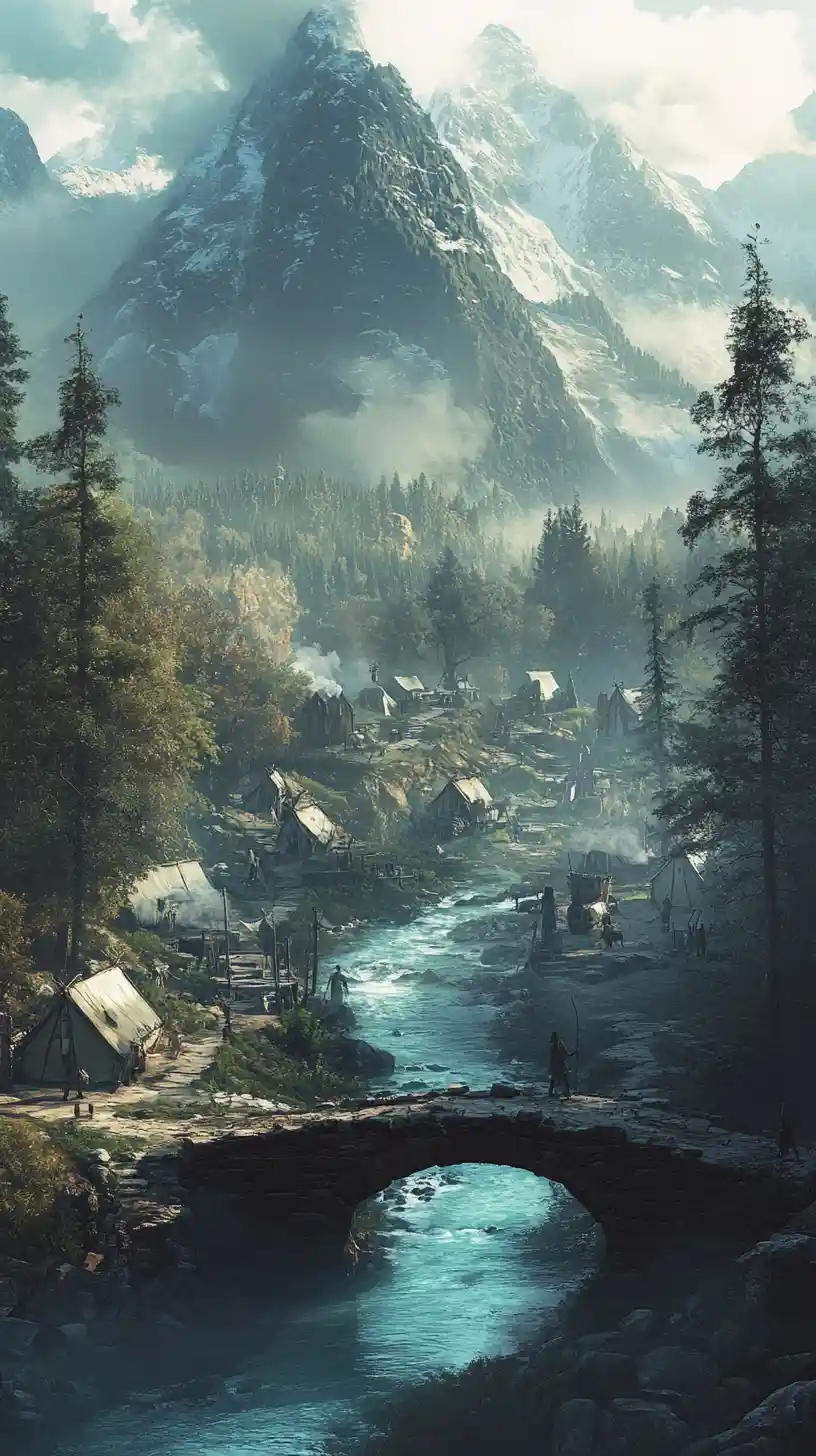 Un villaggio dei nativi americani sorge lungo un fiume turchese, ai piedi di montagne avvolte dalla nebbia