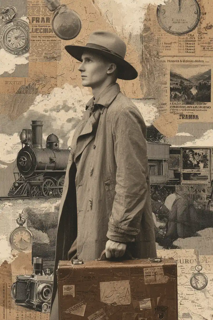 Ein Mann mit Hut hält einen Koffer in einer Vintage-Reisecollage