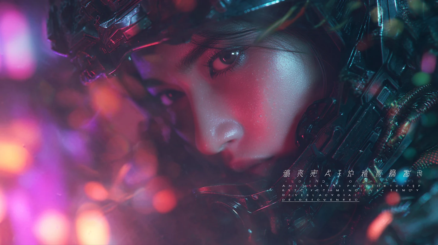 Una mujer asiática con un traje de combate futurista mira al espectador
