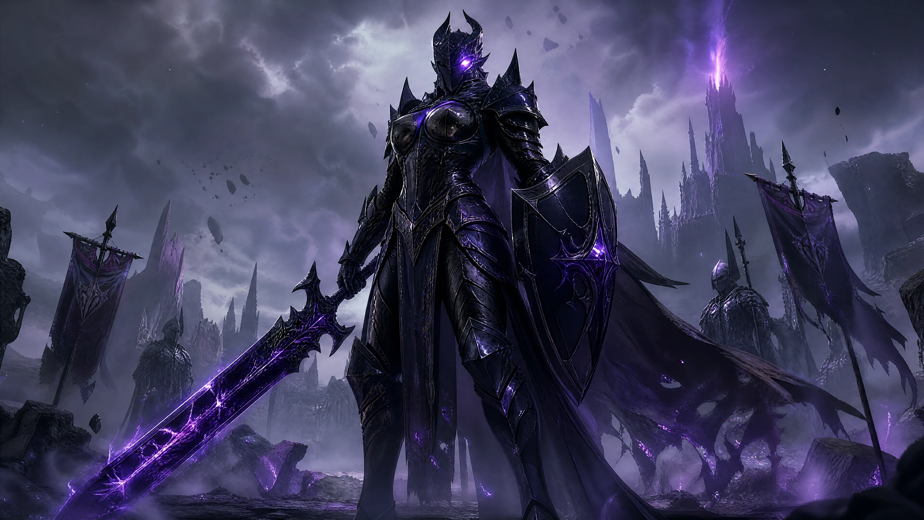 A towering obsidian golem knight with a glowing purple eye