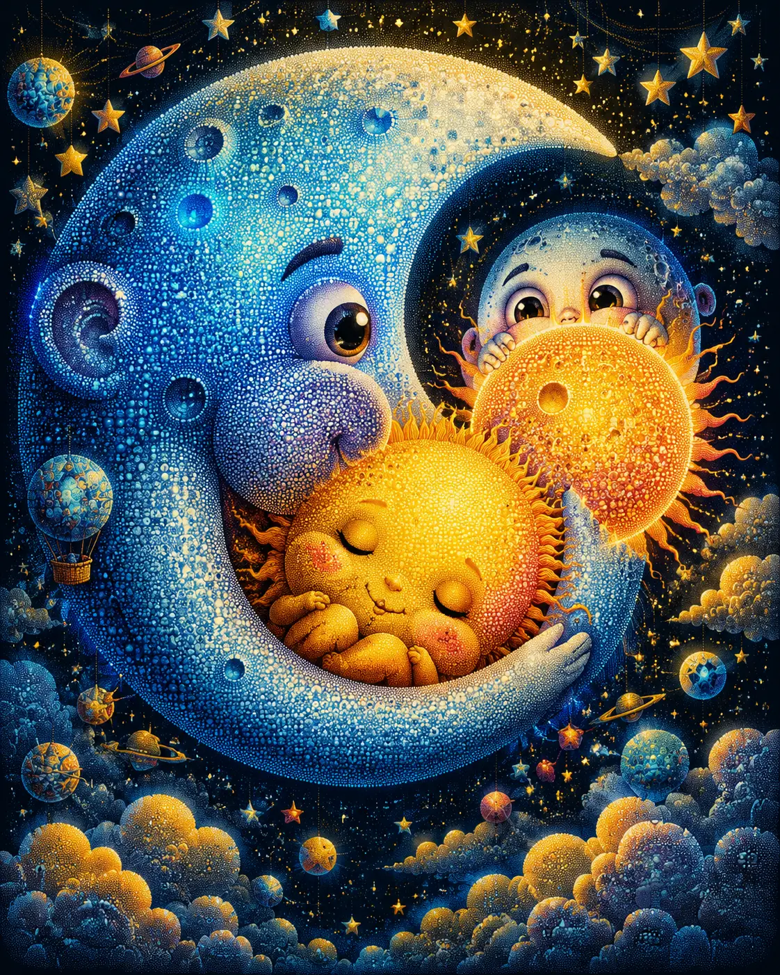 A tiny sun sleeps inside a giant moon in a dreamlike scene