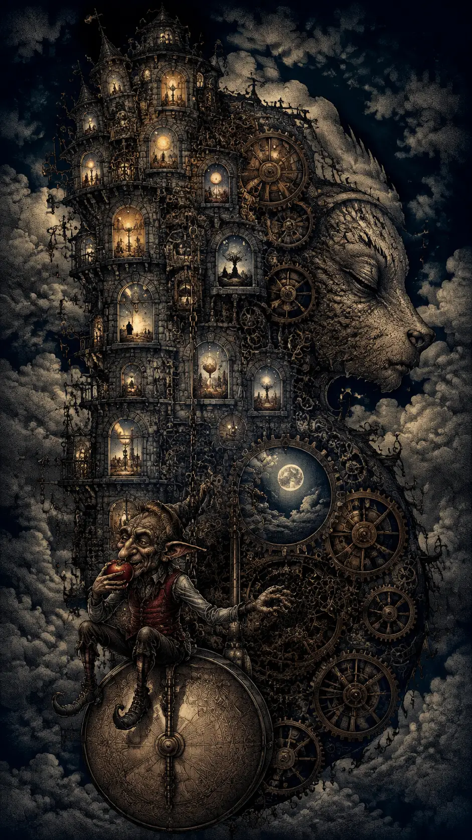 An abandoned clock tower rises through clouds with impossible windows